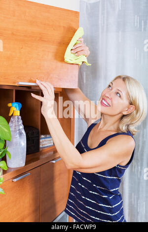 Femme au foyer avec cabinet de nettoyage rag a home Banque D'Images