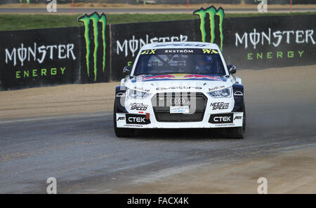 Mattias Ekstrom durs Audi S1 de l'équipe d'EKS dans du Monde FIA Rallycross Championship. Banque D'Images