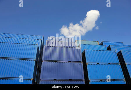 Conteneurs bleus attendent d'être chargés contre un ciel bleu avec un nuage blanc. Pas de noms sur les conteneurs Banque D'Images