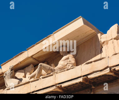 Athènes, Attique, Grèce. Fronton est du Parthénon montrant des sculptures survivant. Banque D'Images