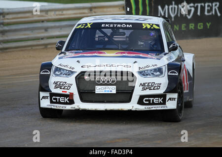 Mattias Ekstrom durs Audi S1 de l'équipe d'EKS dans du Monde FIA Rallycross Championship. Banque D'Images