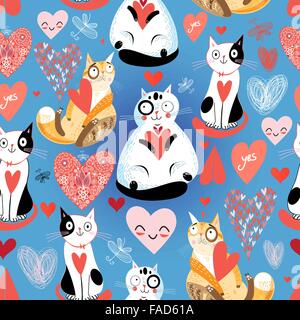 Motif lumineux homogène des amateurs de chats et de coeurs sur un fond bleu Illustration de Vecteur