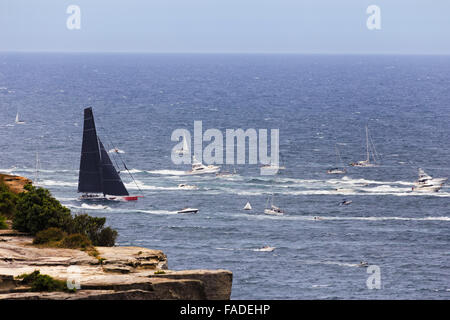 Super premier maxi yacht à voile noir de compensation Sydney Habour Chef entourés de bateaux de spectateurs à Sydney Hobart CJP Banque D'Images