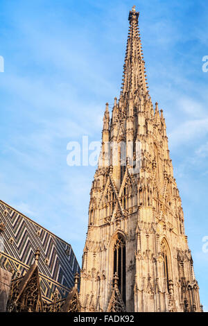 La cathédrale St Stephen ou Stephansdom de Vienne, Autriche. Spire sur ciel nuageux Banque D'Images