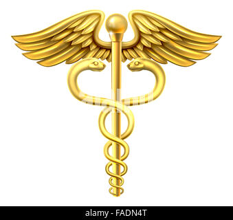 Un caducée d'or symbole médical ou un symbole pour le commerce avec serpents entrelacés autour d'une tige ailée Banque D'Images