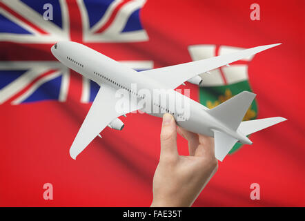 Avion en main avec province ou territoire canadien drapeau sur arrière-plan - Ontario Banque D'Images