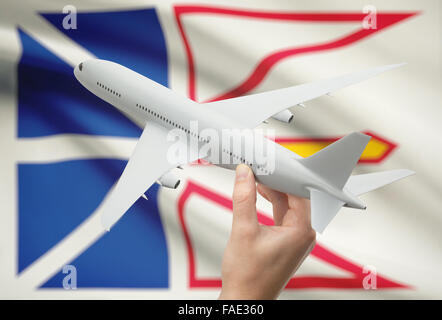 Avion en main avec province ou territoire canadien drapeau sur arrière-plan - Terre-Neuve et Labrador Banque D'Images