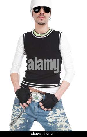 Dude en lunettes noires sur un fond blanc Banque D'Images
