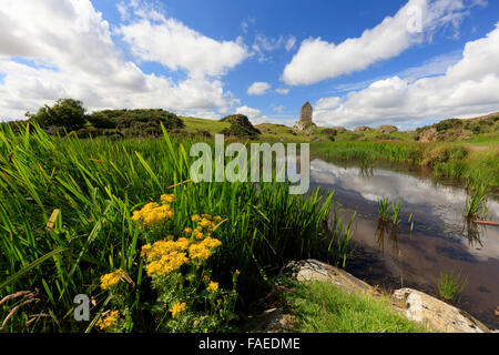 Tour de Smailholm près de Kelso dans les Scottish Borders, vu à travers le lochan (étang) en plein été. Image de très grande taille. Banque D'Images