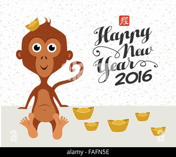 2016 Joyeux Nouvel An chinois du singe. Cute funny ape design avec des éléments traditionnels de lingots en style cartoon. Illustration de Vecteur