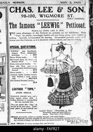 Publicité dans les journaux de mode pour femmes dans le Daily Mirror publié 2 Novembre 1903 Banque D'Images