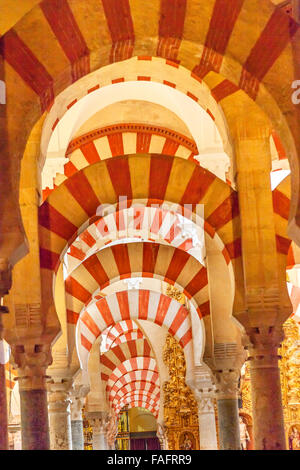 Piliers de la Mezquita Cordoba Espagne Arches. Créé en 785 comme une mosquée, a été transformée en une cathédrale dans le 1500. Banque D'Images