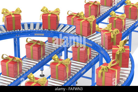 Système de transport à rouleaux industriels. Les convoyeurs en acier dans des directions différentes, avec des coffrets cadeaux. Rouge avec des rubans d'or. Banque D'Images