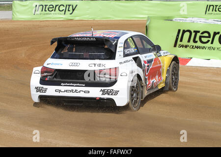 Mattias Ekstrom durs Audi S1 de l'équipe d'EKS dans du Monde FIA Rallycross Championship. Banque D'Images