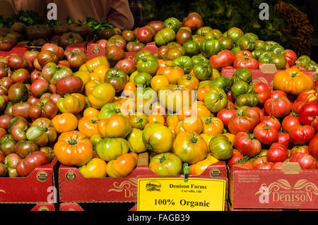 Heirloom tomatoes in cases sur l'affichage à un marché de producteurs à Beaverton, Oregon, USA Banque D'Images