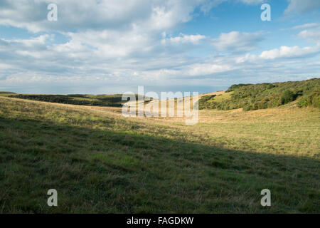 Nuages spectaculaires au cours de la ferma sur downland à point en laiton et la mer au loin le long des sept soeurs en sussex 1 Banque D'Images