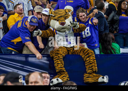 Houston, Texas, USA. Dec 29, 2015. LSU Tigers mascot Mike siège avec des fans dans les peuplements au cours du 4e trimestre de l'Advocare Texas Bowl NCAA football match entre la LSU Tigers et le Texas Tech Red Raiders à NRG Stadium à Houston, TX le 29 décembre 2015. Credit : Trask Smith/ZUMA/Alamy Fil Live News Banque D'Images