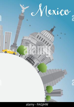 Mexique skyline avec repères gris et bleu ciel. Vector illustration. Les voyages d'affaires et de tourisme avec concept bâtiment historique Illustration de Vecteur