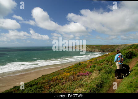 Femme Walker et les chiens sur la côte. Plage Newgale et St.Brides Bay.Galles Pembrokeshire Coast National Park au Royaume-Uni. Banque D'Images