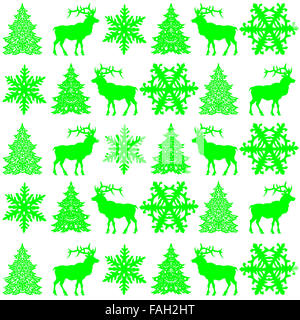 Un Noël vert lumineux pattern design - deer, Snowflake et l'arbre de Noël sur fond blanc Banque D'Images