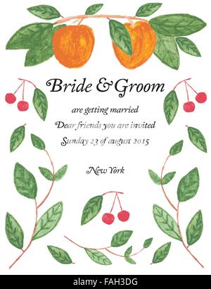 Carte d'Invitation à l'aquarelle. Vector illustration. Carte de mariage avec cerise, les feuilles et les pêches. Illustration de Vecteur