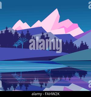 Paysage magnifique avec des montagnes et des forêts par le fleuve sur un fond bleu Illustration de Vecteur
