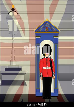 Un soldat en service à l'extérieur du palais royal avec un fondu de l'Union Jack flag Illustration de Vecteur