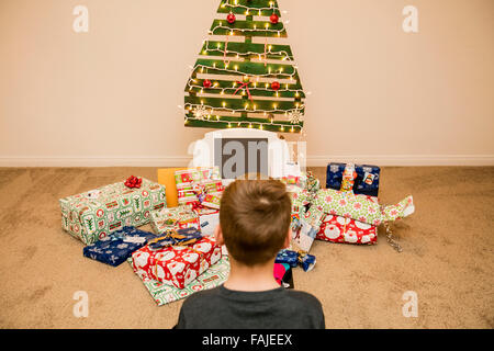 Jeune garçon regarde les cadeaux de Noël sous un arbre de Noël réutilisable, écologique Banque D'Images