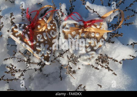 Deux coeurs doux Noël des cadeaux le jeter sur les fleurs dans la neige shine Banque D'Images