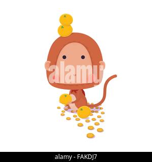 Vector Illustrator de Monkey en zodiaque chinois avec des oranges, des pièces de monnaie pour célébrer la nouvelle année sur fond blanc Illustration de Vecteur