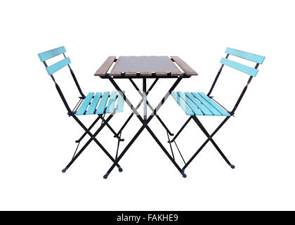 Deux simples chaises turquoise table carrée et isolé sur blanc. Banque D'Images