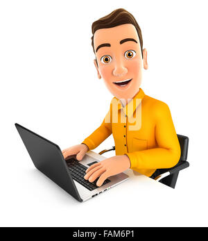 L'homme travaille en 3D sur ordinateur portable, isolé sur fond blanc Banque D'Images