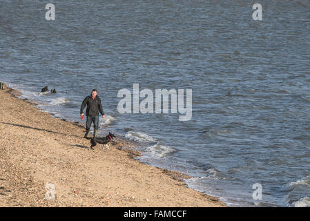 Un homme promène son chien le long du rivage à East Beach à Shoeburyness dans l'Essex, au Royaume-Uni. Banque D'Images