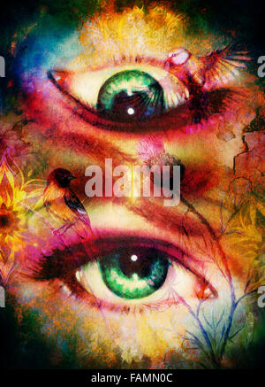 Les femmes avec des yeux vert godness oiseaux sur fond multicolore de contact visuel avec l'ornement linéaire mandala Banque D'Images