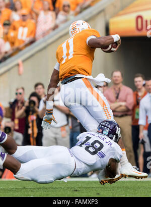 1 janvier 2016, le nord-ouest de linebacker Wildcats Anthony Walker (18) s'attaque à New York bénévoles quarterback Joshua Dobbs (11) au 1er trimestre dans le jeu entre l'Oregon et du nord-ouest à l'Outback Bowl à Tampa en Floride. Image Crédit : Del Mecum CSM Banque D'Images