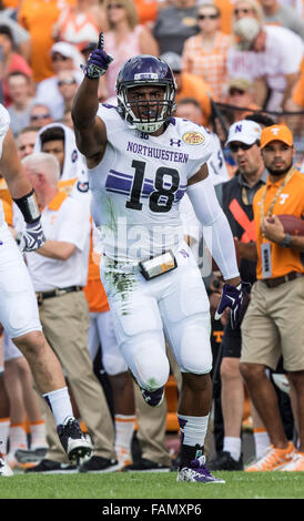1 janvier 2016, le nord-ouest de linebacker Wildcats Anthony Walker (18) célèbre après s'attaquer à New York bénévoles quarterback Joshua Dobbs (11) au 1er trimestre dans le jeu entre l'Oregon et du nord-ouest à l'Outback Bowl à Tampa en Floride. Image Crédit : Del Mecum CSM Banque D'Images