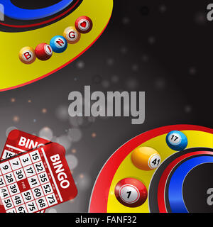 Boules de Bingo Plus de matériel roulant Multi Colored Swirls sur fond gris brillant avec des cartes de Bingo Banque D'Images