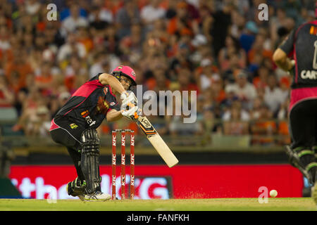 Perth, Australie. 09Th Jan, 2016. Bash Big League Cricket 05 Perth Scorchers Sixers. par rapport à Sydney Ben Dwarshuis joue un arrêt dur pendant ses manches de 13. Credit : Action Plus Sport/Alamy Live News Banque D'Images