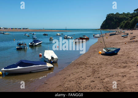 Shaldon Beach et bateaux sur l'estuaire de la Teign : vue sur le Bar, Ness et cabines de plage sur Teignmouth Back Beach. Banque D'Images