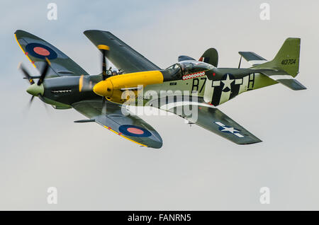 Spitfire de la Seconde Guerre mondiale de la Old Flying machine Company et P-51 Mustang exposés au Goodwood Revival de 2015 Banque D'Images