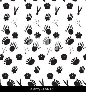 Modèle monochrome footprints divers mammifères. Arrière-plan transparent, pied d'animaux, la répétition sans fin de la patte de trace. Vector art abstra Banque D'Images