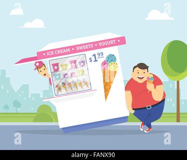 Happy fat man eating ice cream dans le parc Illustration de Vecteur