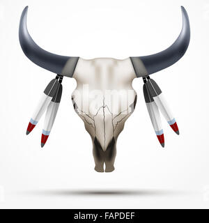 Skull Bull avec des plumes. Totem indien. Illustration isolé sur fond blanc. Banque D'Images