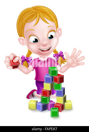 Cartoon girl Playing with toy building blocks Banque D'Images