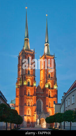 Tours de la cathédrale de Saint Jean Baptiste au coucher du soleil à Ostrów Tumski Wroclaw, en Basse Silésie, Pologne Banque D'Images