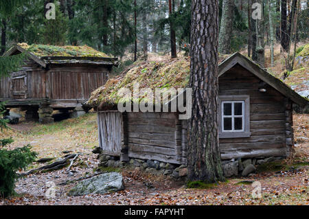 Seurasaari parc agrémenté d'anciennes maisons sur un îlot, Helsinki, Finlande. Musée de l'île de Seurasaari, maisons et d'autres l'architecture en bois amenés de toute la Finlande sont sur l'affichage. Seurasaari est une île située dans la partie nord-ouest d'Helsinki. L'île possède deux sites intéressants : d'une part, l'île elle-même est un endroit pour profiter de la nature, de l'autre, il a un musée en plein air des bâtiments des xviiie et xixe siècles. Banque D'Images