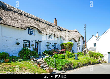 Un toit de chaume traditionnel chalet de Coverack dans Cornwall, England, UK Banque D'Images