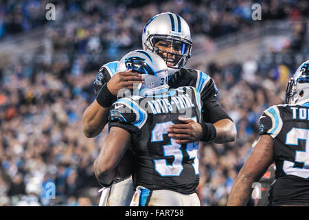 Charlotte, Caroline du Nord, USA. 3 janvier, 2016. NC, Caroline Panthère quarterback Cam Newton # 1 Carolina Panthers et Cameron running back # 34 Artis-Payne célébrer un touché dans un match contre les NFL Tampa Bay Buccaneers le 3 janvier 2016, au stade Bank of America à Charlotte, Caroline du Nord. Les Panthère défait Buccaneers 38-10. Margaret Bowles/CSM/Alamy Live News Banque D'Images