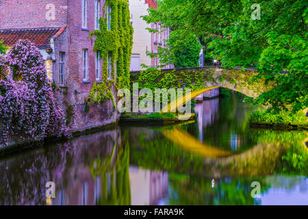 Canal Groenerei au crépuscule avec le photographe sur pont, Brugge, Belgique Banque D'Images