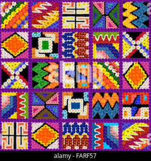 Tapis Tapis carré avec des motifs naïfs dans le style des Indiens d'Amérique. Collage à la main à partir de l'été des fleurs sur fond noir Banque D'Images